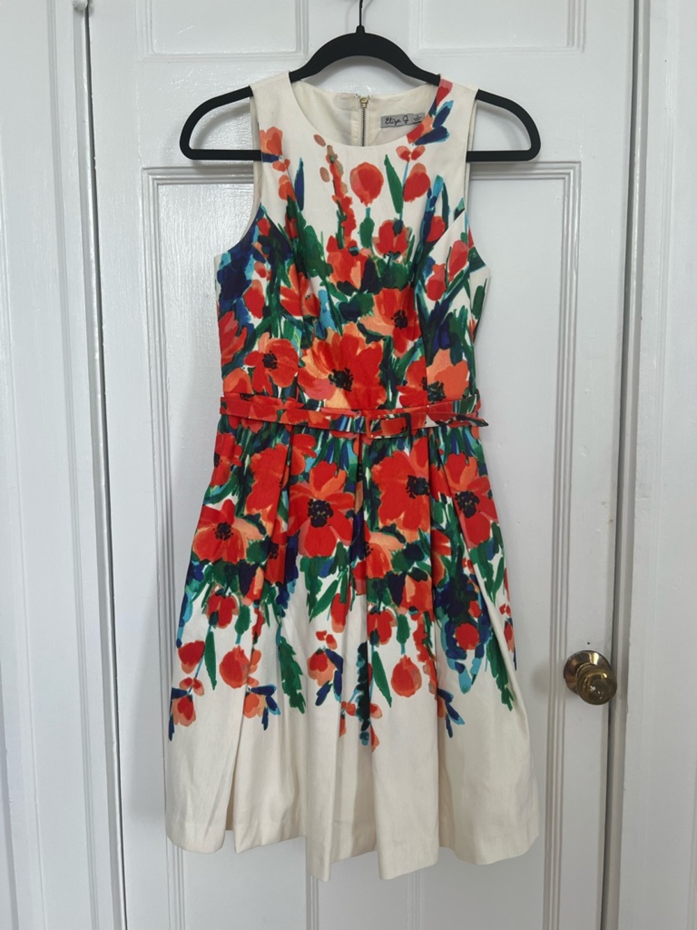 Eliza J | Floral Fit & Flare Dress in White with Red & Green Bloom